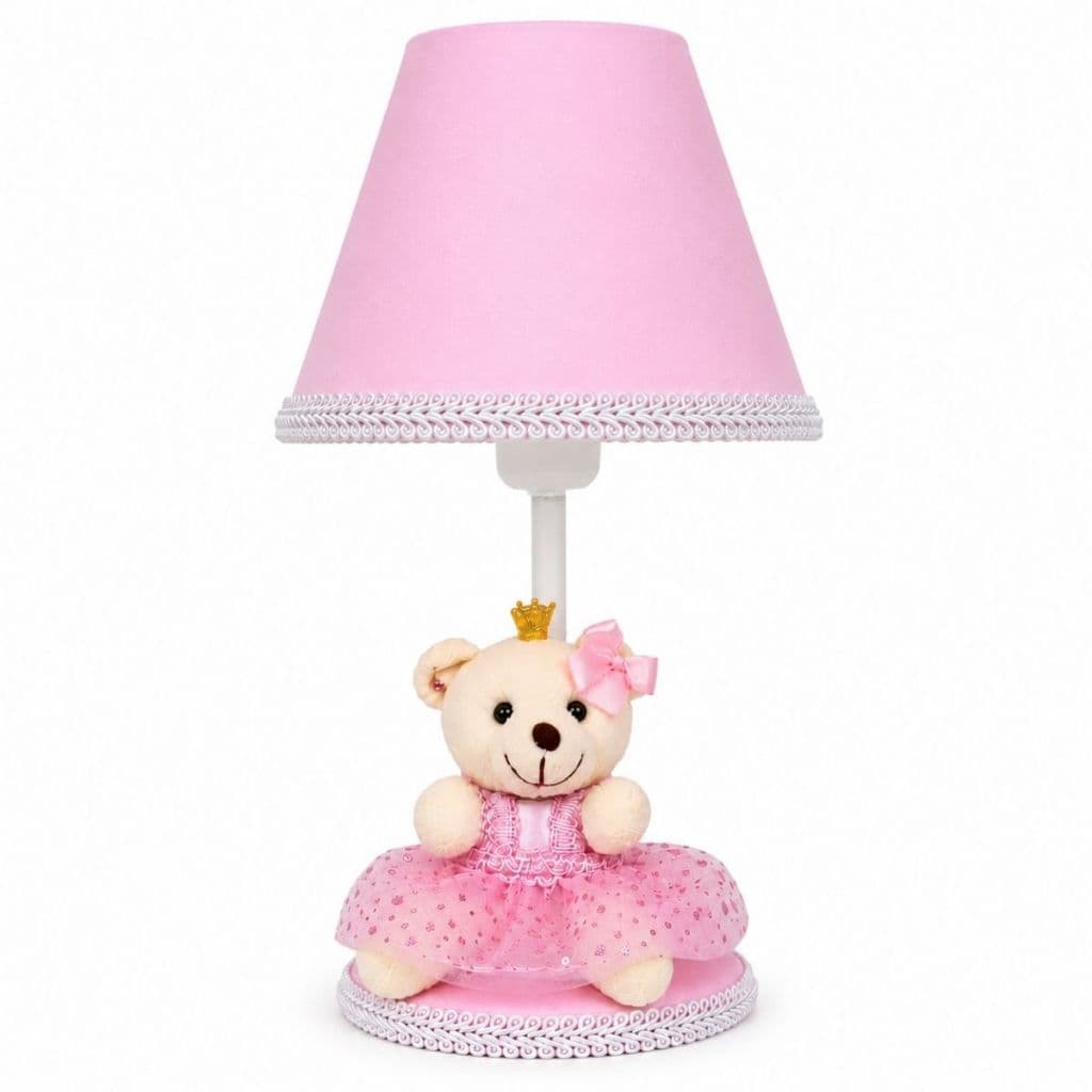 Abajur Infantil Ursa Princesa Rosa para Quarto de Bebê Luminária Menina Erich Baby