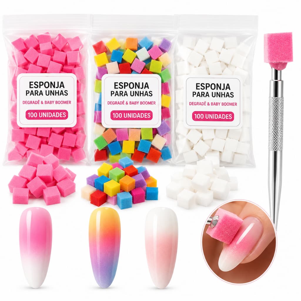 Esponja para Unhas Degradê Baby Boomer 100 Unidades Nail Art com Aplicador Metálico
