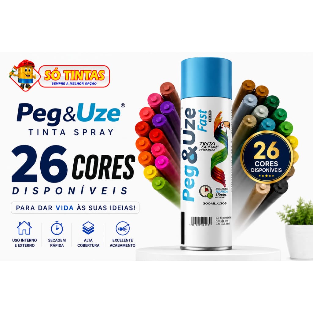 Tinta Spray Para Metal Madeira Plástico 300ml Uso Geral Secagem Rápida Alta Cobertura Peg e Uze