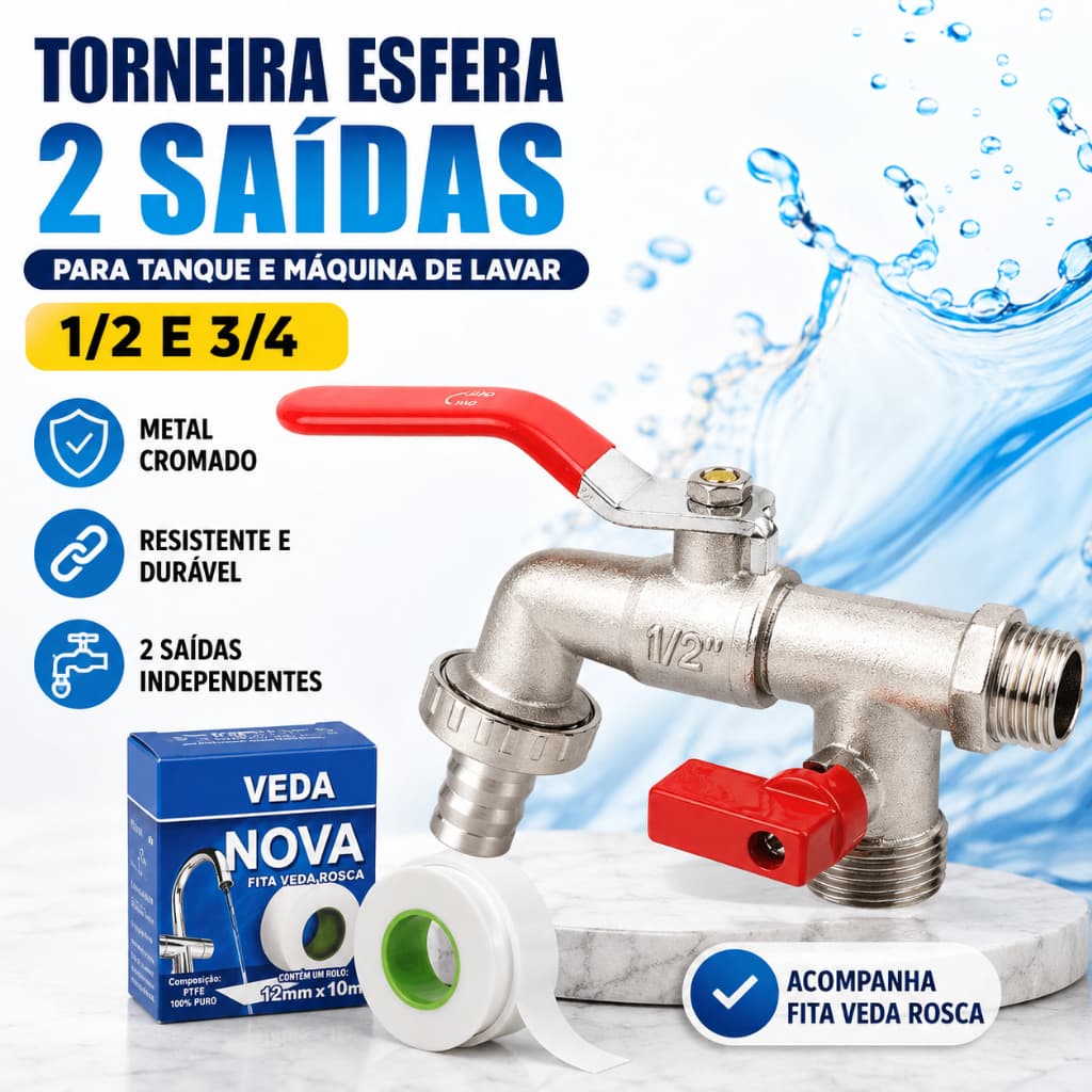 Torneira Esfera 2 Saídas 1/2 e 3/4 para Tanque e Máquina de Lavar – Metal Cromado