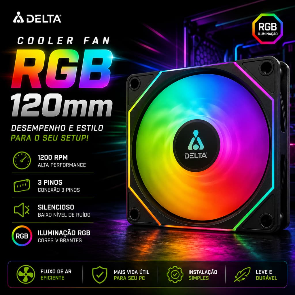 Ventoinha Cooler Fan 120mm RGB LED 3 Pinos Silencioso para Gabinete Gamer 1200RPM