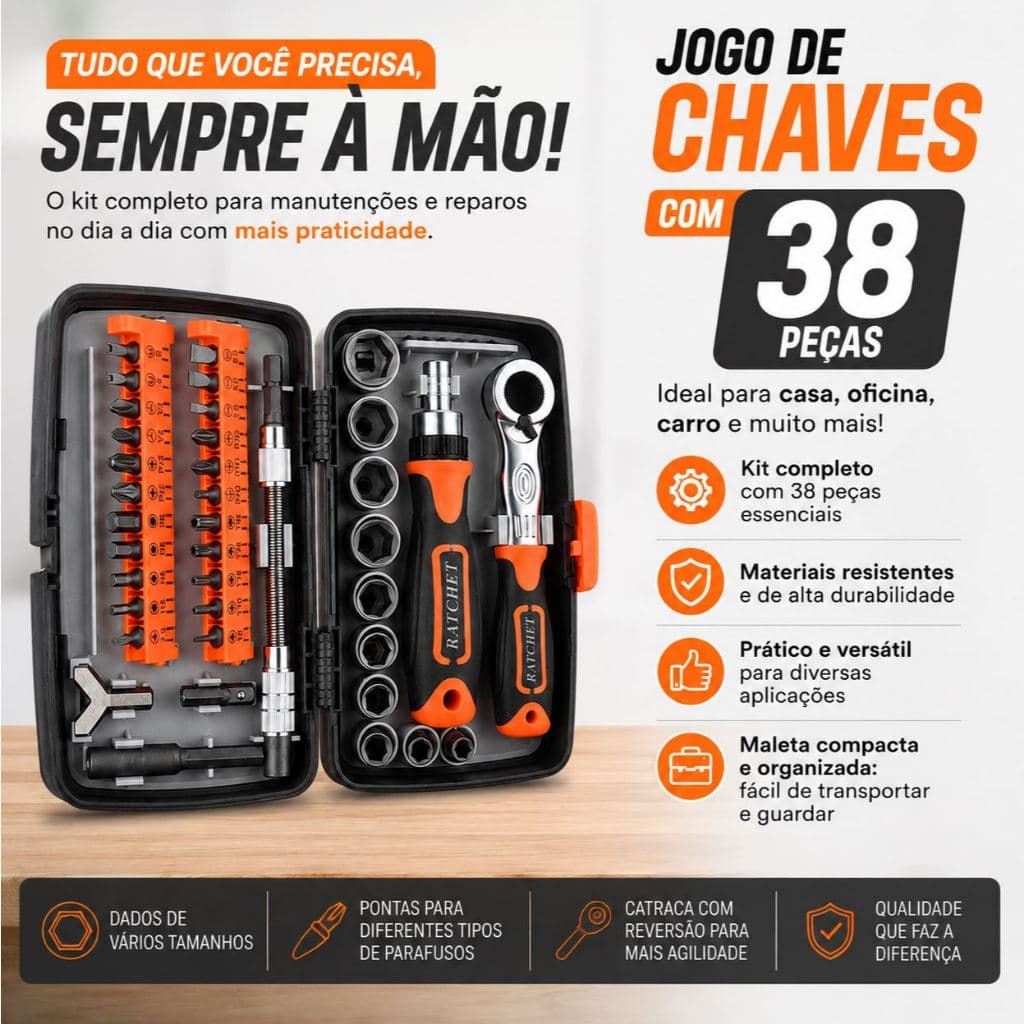 Jogo Chave Premium 38 Peças Kit Ferramentas Profissional Chave de Fenda com Soquetes Bits Estojo Compacto