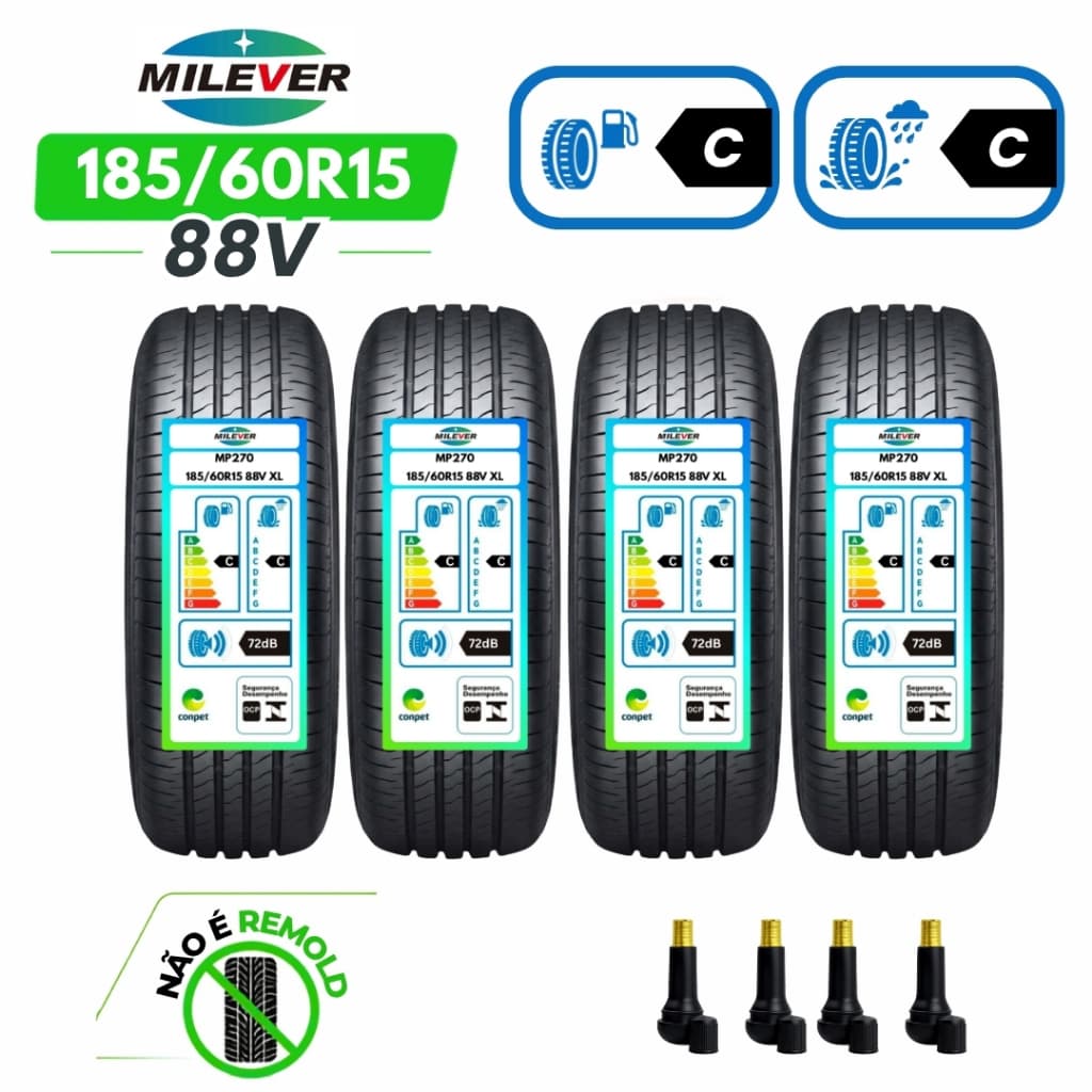 Kit Pneus 185/60 R15 Milever de Alta Resistência e Durabilidade 88V Aro 15