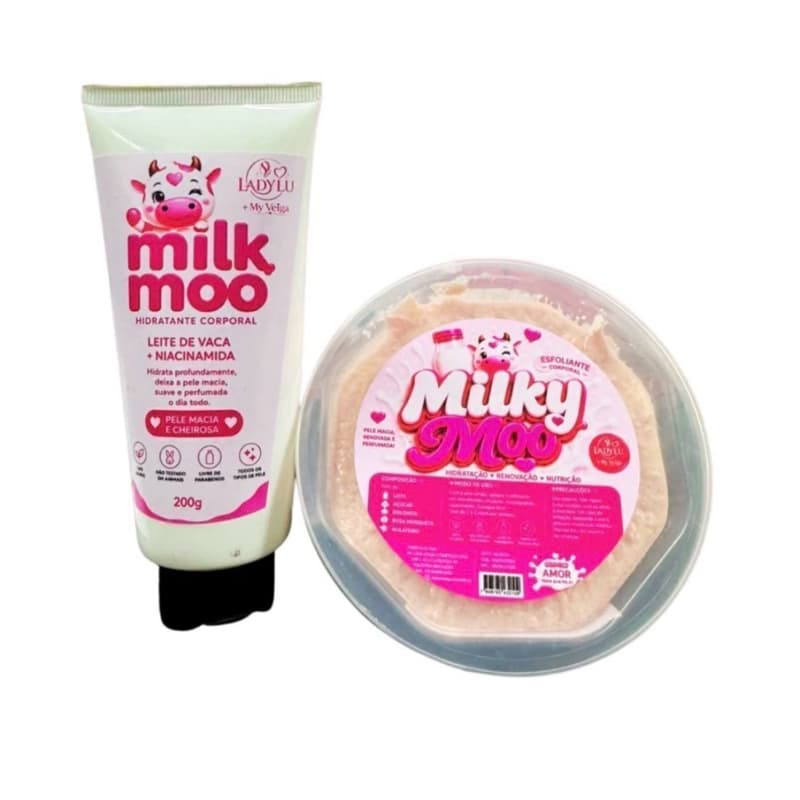 Kit Milk Moo Leite Hidratante Corporal 200g + Esfoliante Corporal Pele Macia Leite Cheirosa