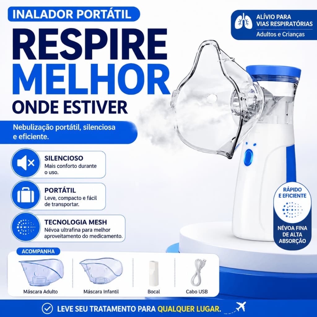 Inalador Portátil Nebulizador Ultrassônico Mesh Adulto Infantil Silencioso USB com Máscaras