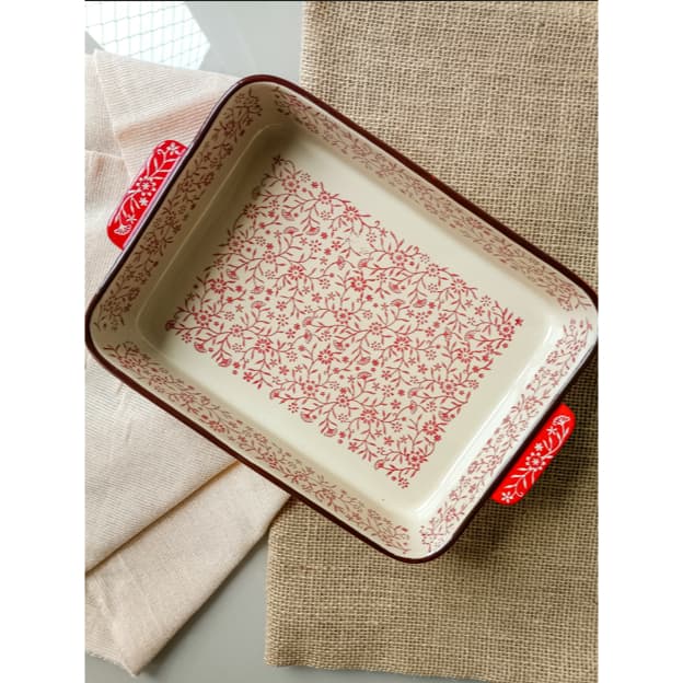 Assadeira retangular de cerâmica floral vermelha | Assadeira retangular em cerâmica | Mesa posta | Decoração | Louças