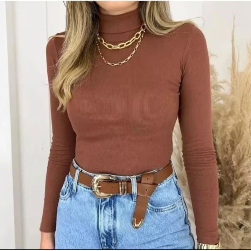Blusa Manga longa Gola alta Canelada