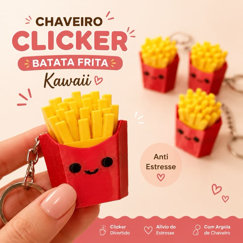Chaveiro Clicker Batata Frita Kawaii Fidget Anti Estresse Sensorial