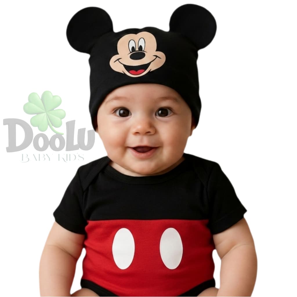 Body Bebê Fantasia Infantil Mickey + Touca Mêsversário Temático Mickey