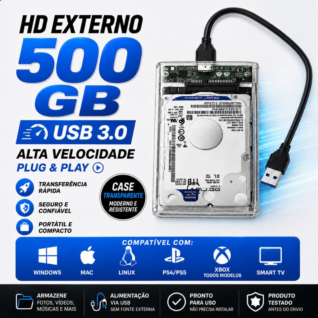 HD EXTERNO PORTÁTIL 500GB USB 3.0 CASE TRANSPARENTE PARA PC, NOTEBOOK, TV, PS3, PS4, PS5 E XBOX