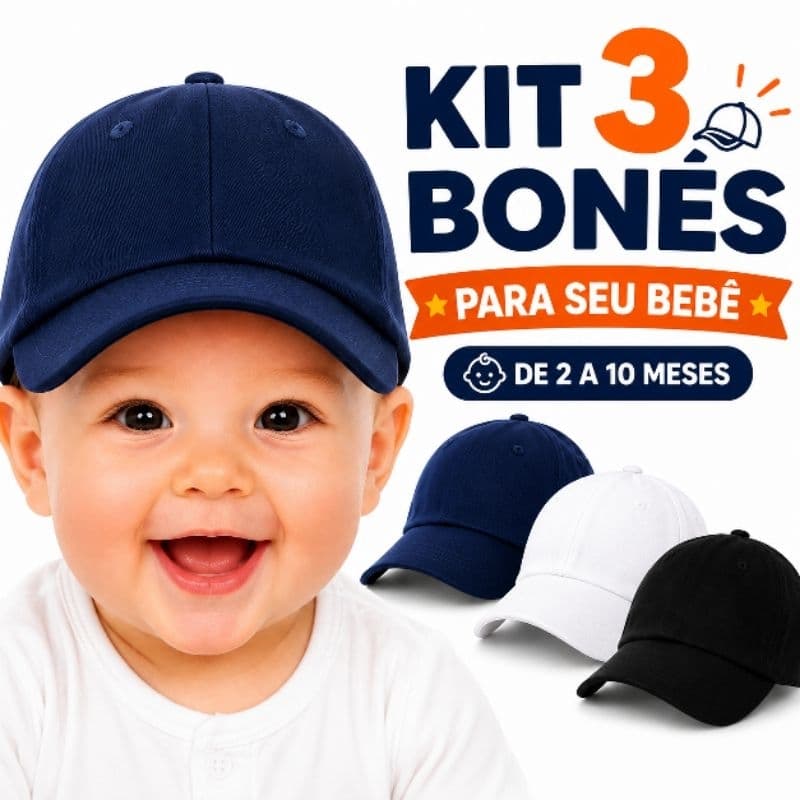 Kit 3 Bonés Bebê Menino Menina Com Elástico Regulável 02 A 10 Meses Algodão Macio Proteção Solar Boné Infantil