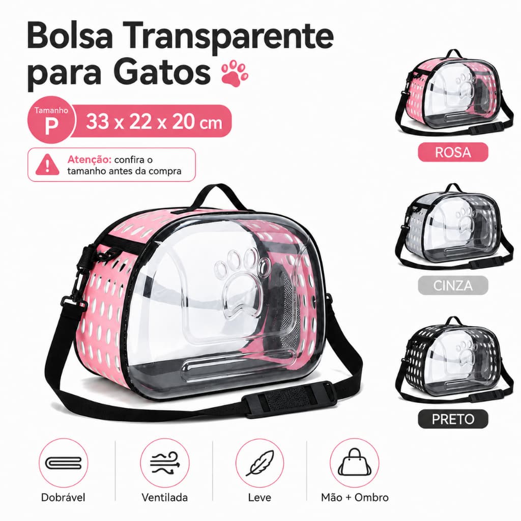 Bolsa Transporte Pet Transparente para Gatos e Cães Pequenos, Ventilada e Dobrável com Alça – Tam. P 33x20x22cm