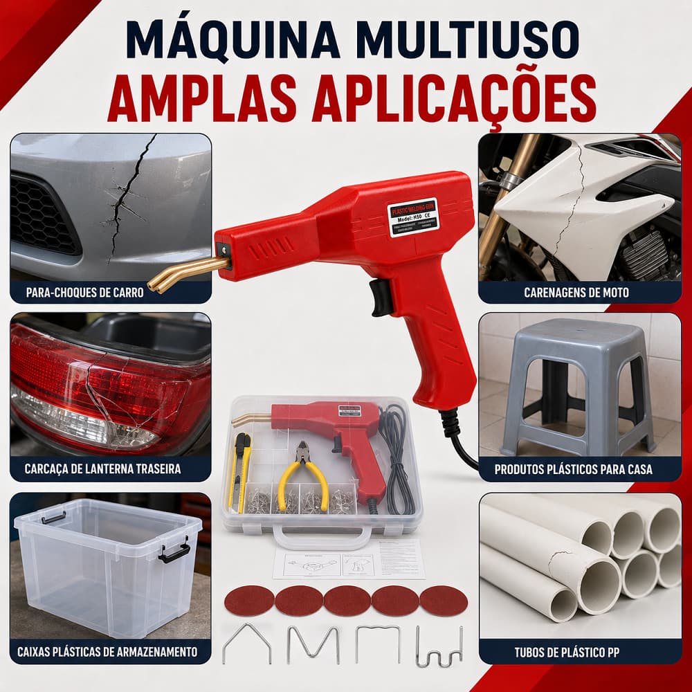 Máquina de Solda Plástica Bivolt 50W com 200 Grampos, Estilete, Alicate, Lixas e Caixa de Armazenamento – Profissional