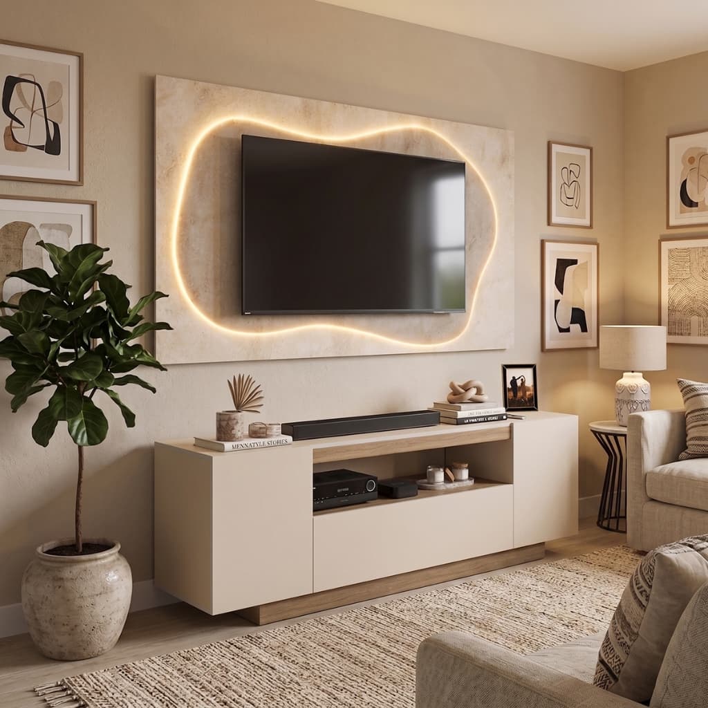 Rack para TV Moderno Off White Amadeirado Painel Sala Aparador Buffet 2 Portas 1 Gavetao  Nicho Decorativo