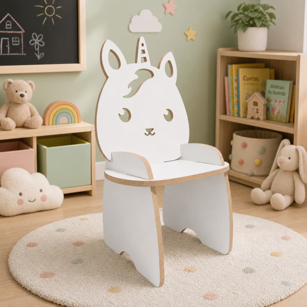 Cadeira Infantil criança Unicórnio Mdf Laminado 15mm Encaixe montagem fácil sem ferramenta decoração quarto madeira