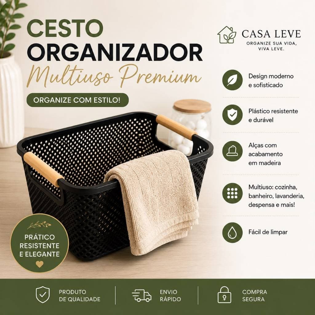 Cesto Organizador Multiuso Preto com Alças de Madeira | Organizador para Cozinha, Banheiro, Lavanderia e Closet