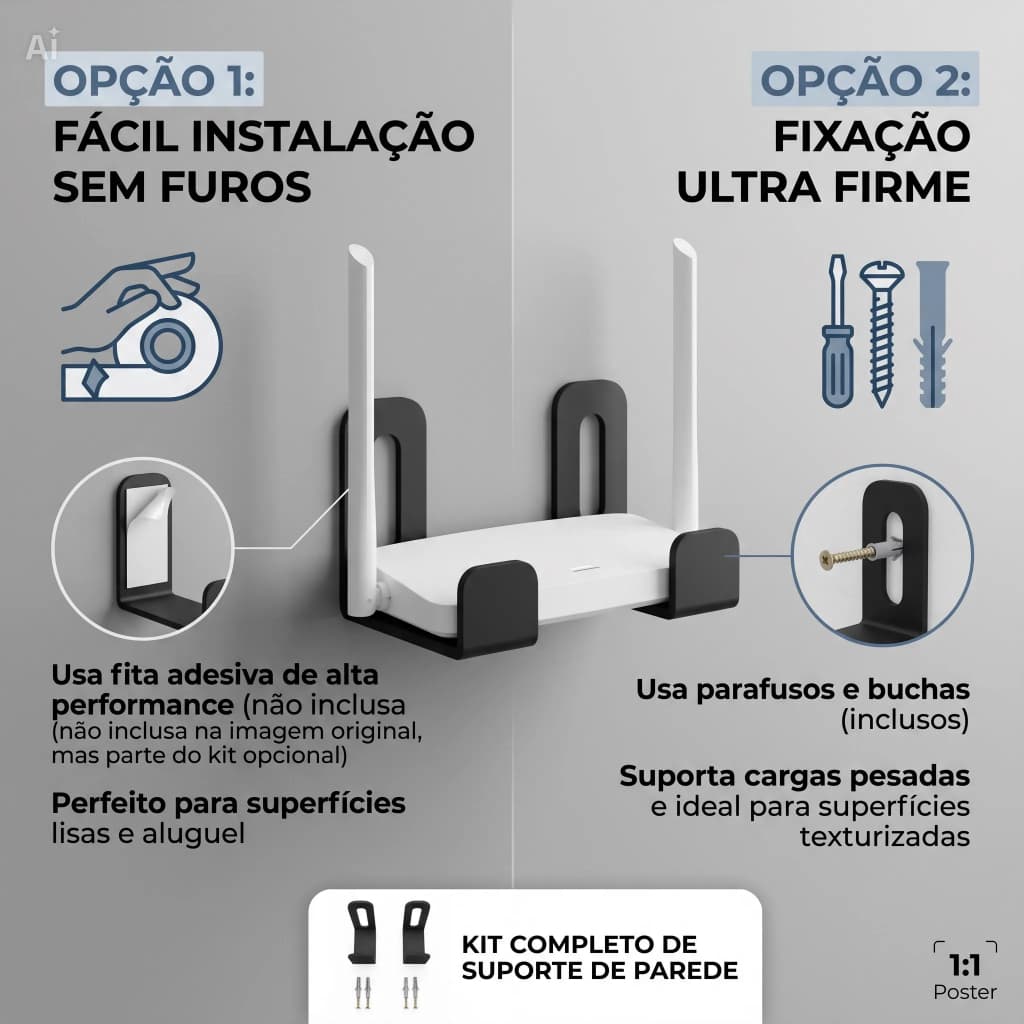 Suporte Universal para Roteador WiFi com parafusos e fita 3M de Alta Fixação
