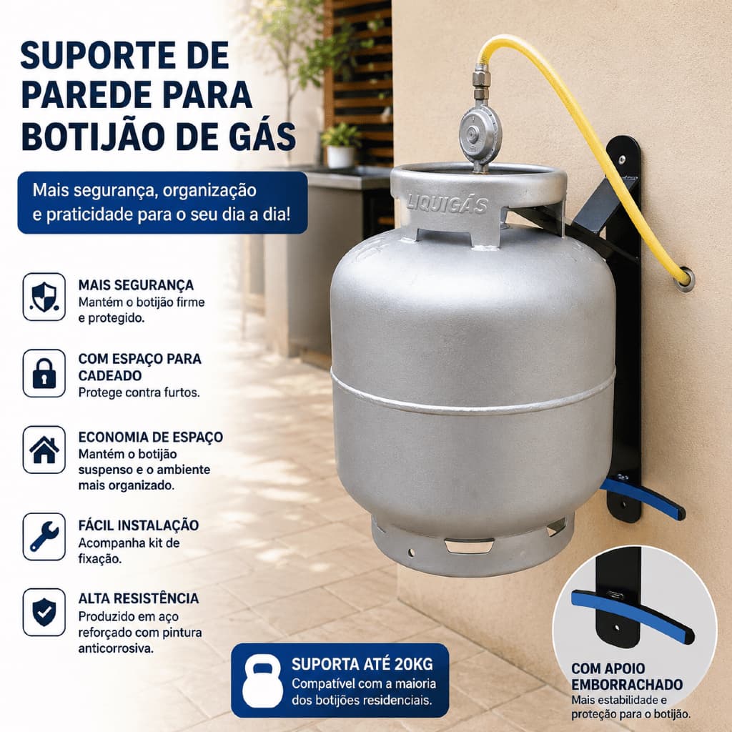Suporte Botijão de Gás P13 Parede Aço Organizador para Cozinha Externa Suspenso Parafusado Acompanha Bucha E Parafuso