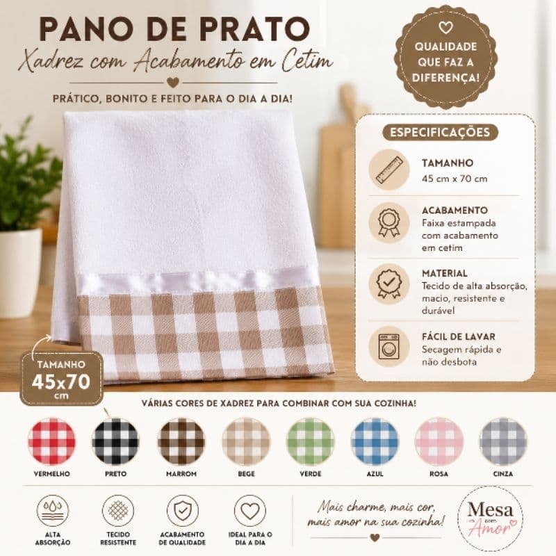 Pano de Prato Xadrez Alta Absorção Barra Decorativa Cozinha Premium Diversas Cores Disponíveis