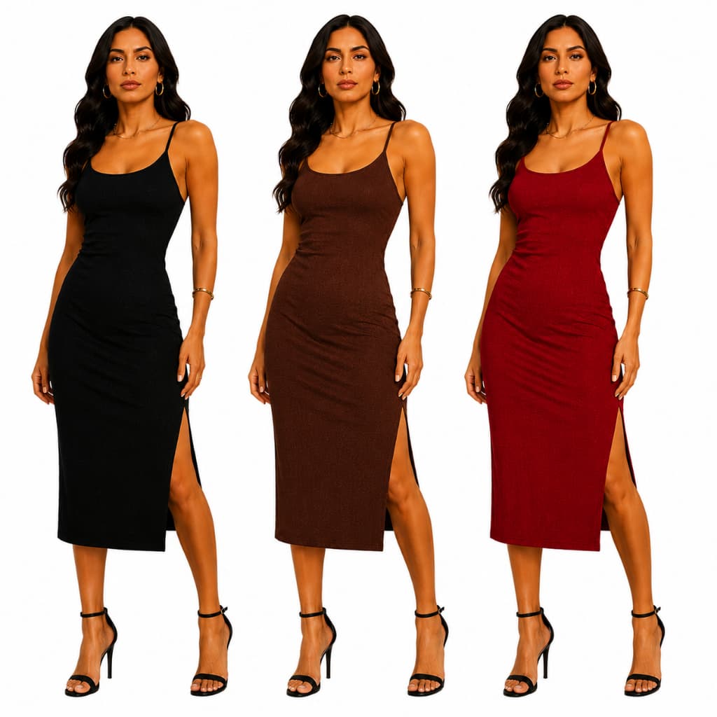 Vestido Midi Feminino Canelado com Fenda Lateral Alça Fina Justo Elegante Casual Festa