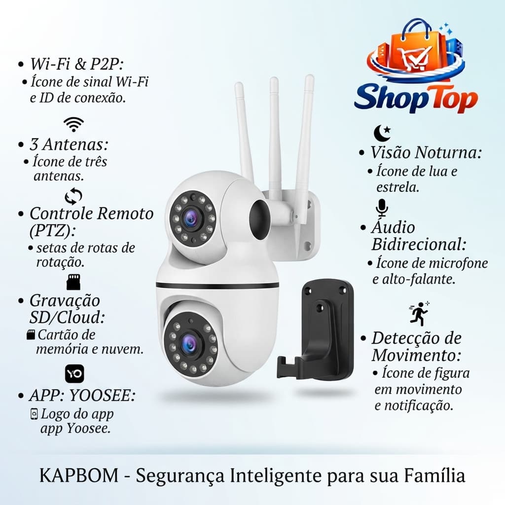 Câmera de Segurança WiFi IP Kapbom Visão Noturna Babá Eletrônica Áudio Bidirecional 3 Antenas App