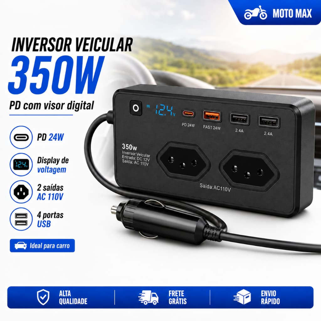 Inversor Automotivo Portátil 350W 12V a 110V/220V Tomada USB Tipo C Digital FY-1125 Montado Automaticamente