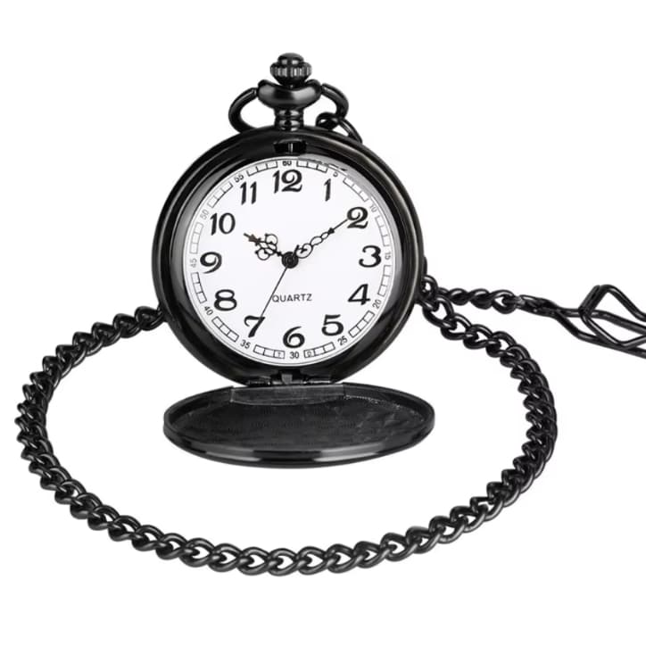 Relógio de Bolso Vintage Clássico Preto Fosco com Corrente