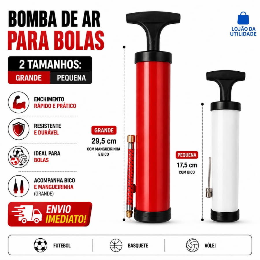 Bomba de Ar para Bola Manual com Bico Futebol Vôlei Basquete 2 Tamanhos