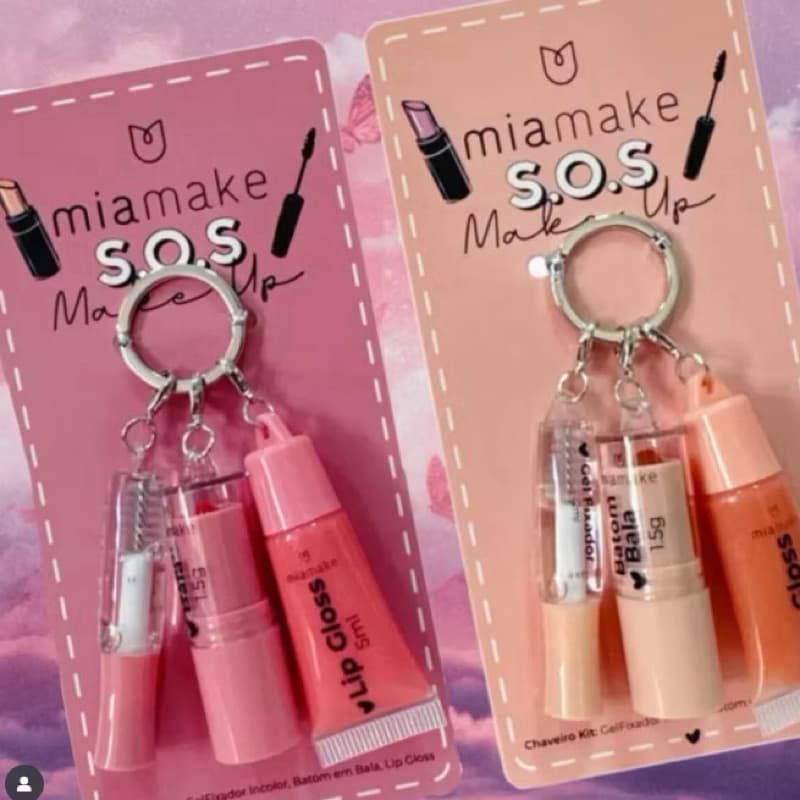 Lip Gloss Chaveiro Kit SOS 3 em 1 Make Up  Mia Make - Lip Gloss Batom Bala e Gel Sobrancelha