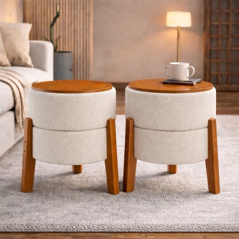 Puff 3 em 1 com Mesa de Apoio e Encosto Giratório Bouclé Premium Decorativo Luxo