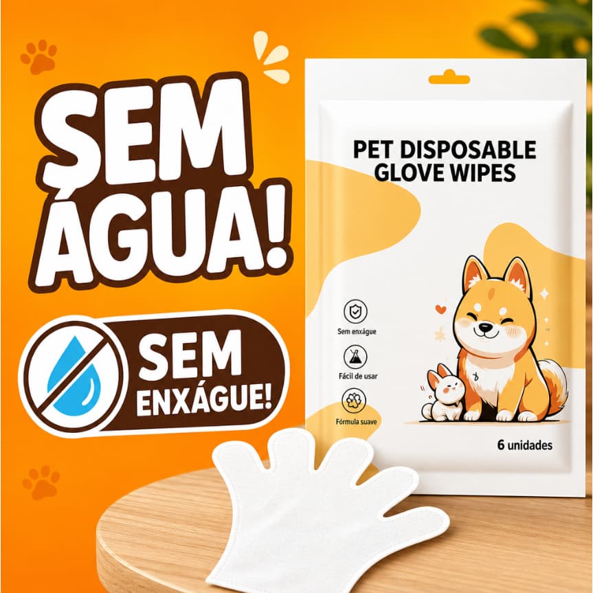Luvas Umedecidas Descartáveis para Pets Banho a Seco Sem Água Sem Enxágue Limpeza Cães e Gatos 6 Unidades