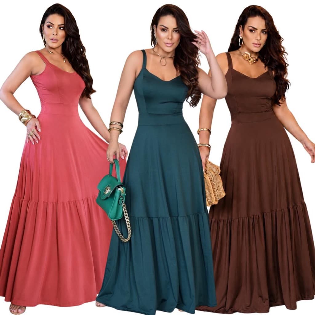 Vestido Longo Malha Romantic Liso Feminino Alça Confortável e Elegante Moda Verão