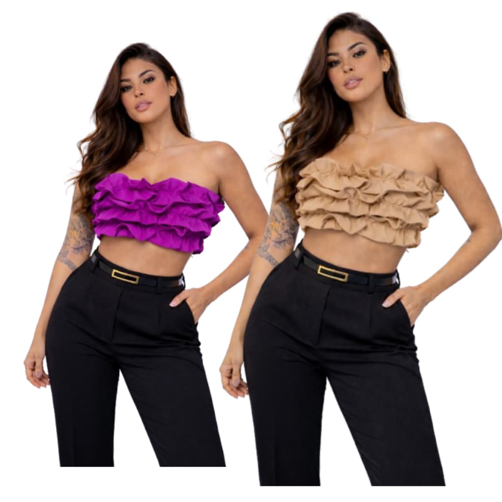 Kit 2 Cropped Babado Bojo Alfaiataria Amarração Tomara Que Caia Tendência Moda Feminina Verão Blogueira Delicado Festa