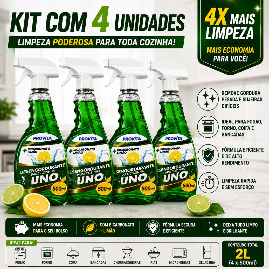 Kit 4 Limpa Cozinha 500ml Desengordurante Espuma Premium Limpa Remove Gordura Forno Fogão Coifa Air Fryer