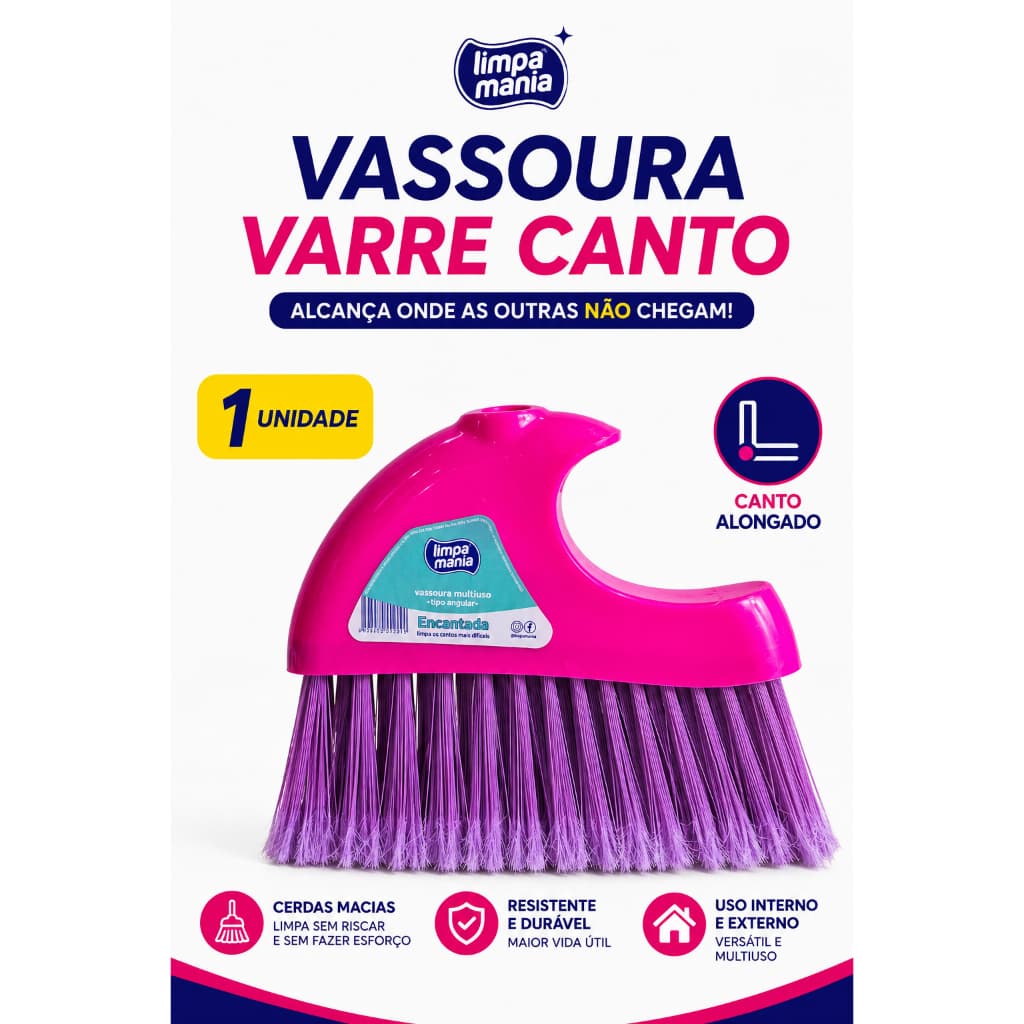 Vassoura Limpa Mania Varre Canto Cerdas Médias Sem Cabo Uso Interno e Externo