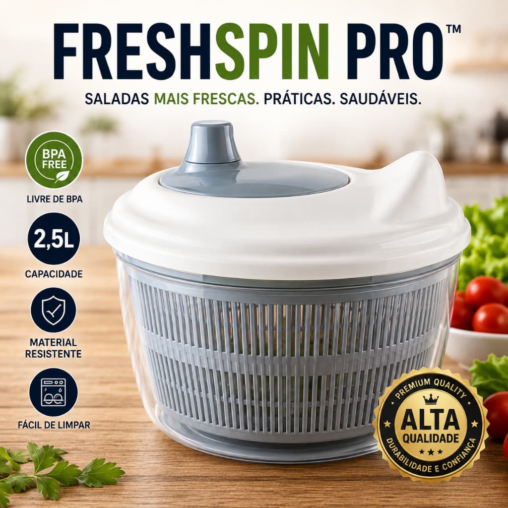FreshSpin Pro™ Seca Folhas para Salada 2,5L | Centrífuga Manual para Verduras, Legumes e Frutas
