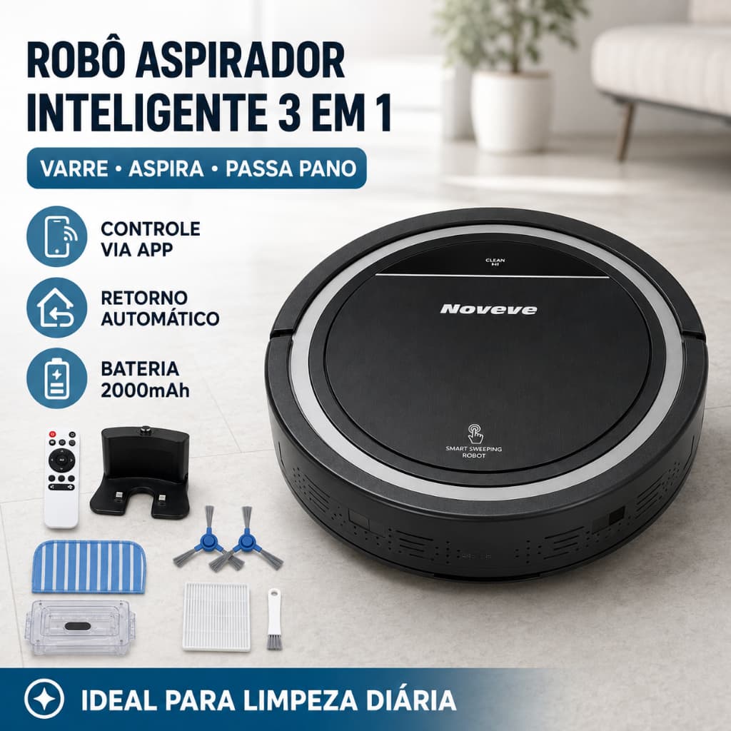 Aspirador de Pó Para Casa Robô Inteligente Com Base Auto Coletora De Pó 3 Em 1 Varre + Aspira E Passa Pano