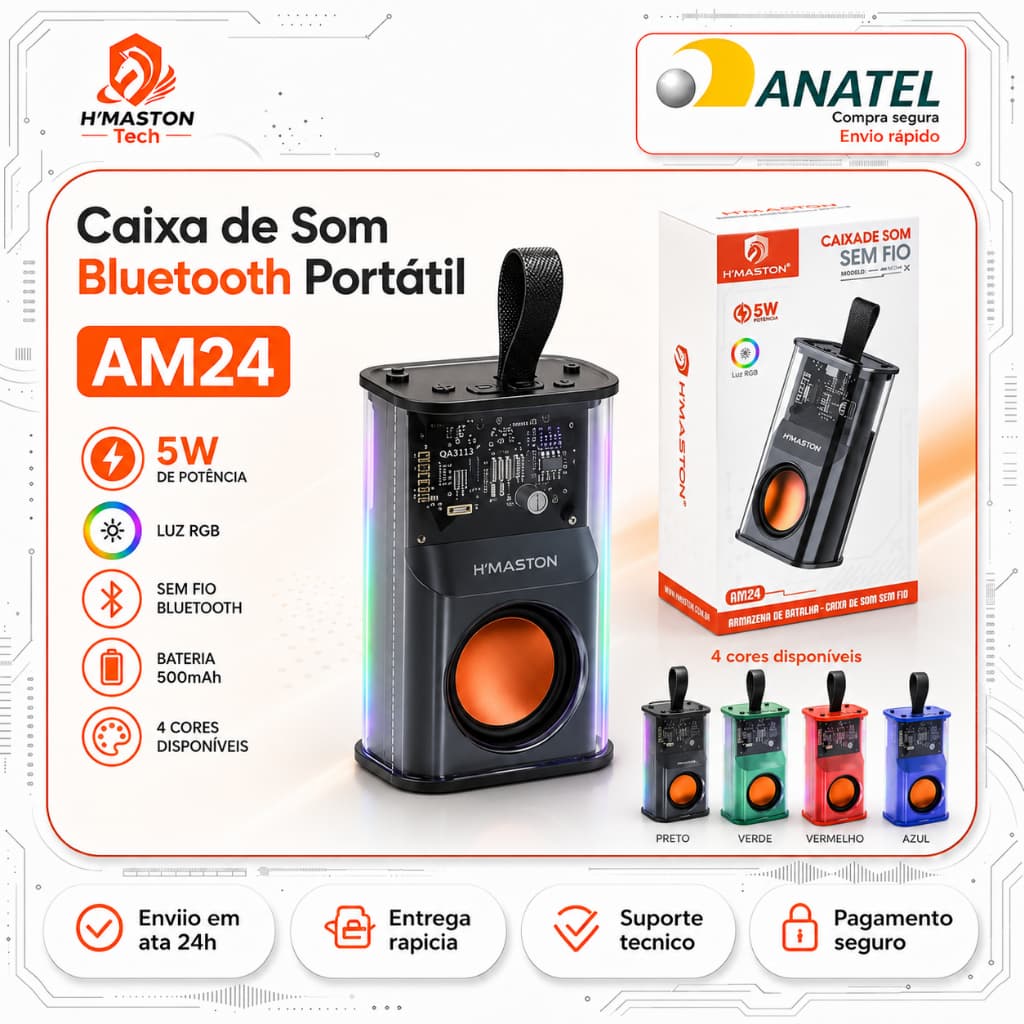 H'maston Caixa De Som Bluetooth 5.0 Som Caixa Bluetooth Portátil Com Luz Rgb E Microfone AM24