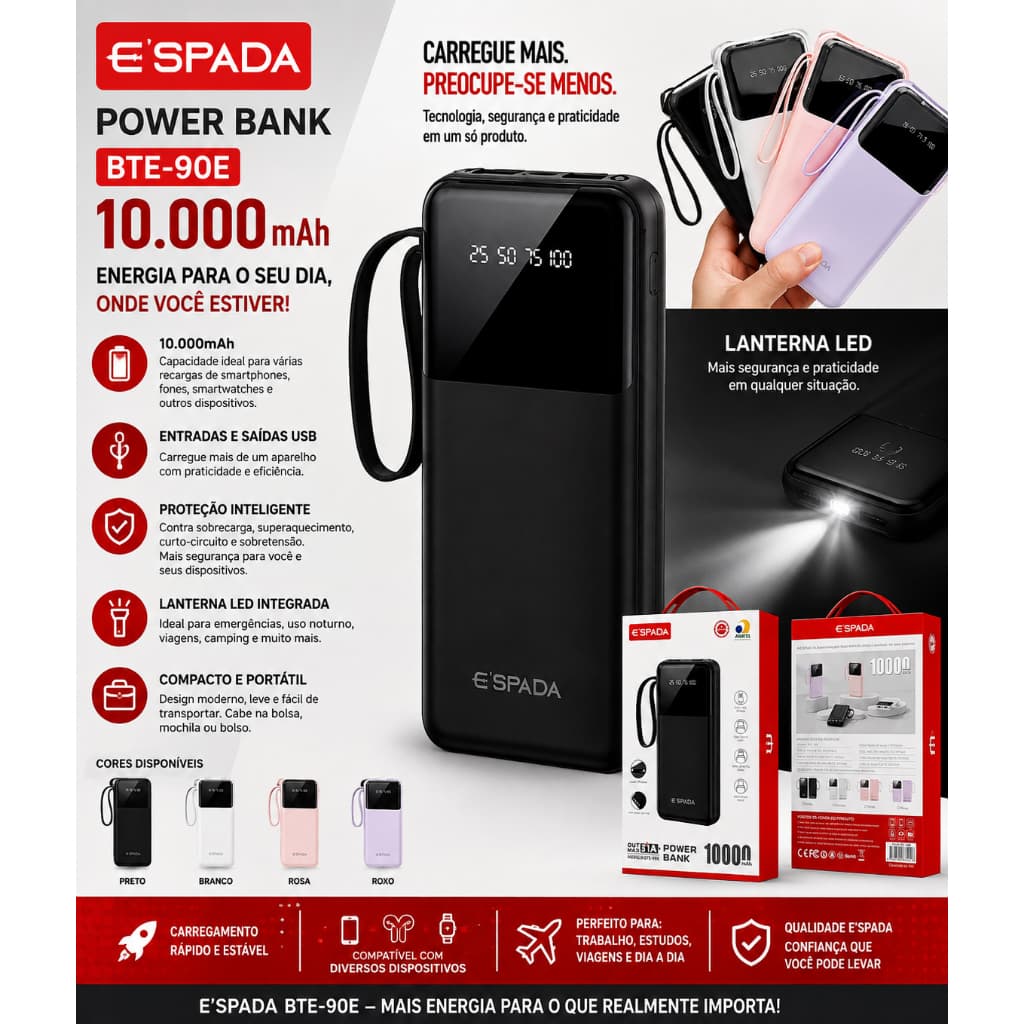 Carregador Power Bank  Espada  BTE-90E  com 4 Cabos Integrados com visor e lanterna