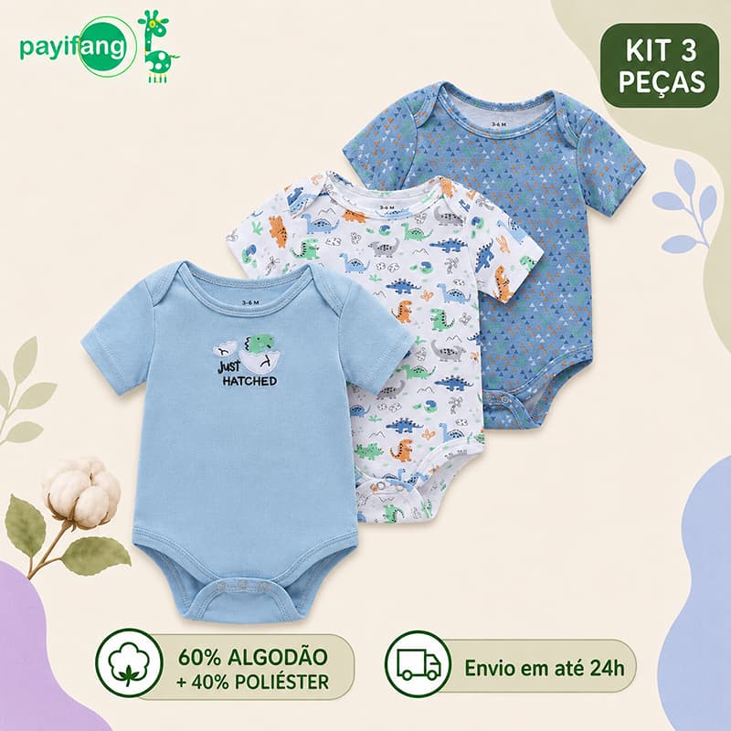 Payifang Kit 3 Bodies Bebê Menino Dinossauros Coloridos Manga Curta 60% Algodão 3M 6M 9M