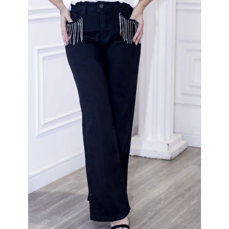 Calças Jeans Feminina Preta com Detalhes de Franjas Laterais Estilo Moderno e Versátil Calça Jeans Wide Leg Feminina