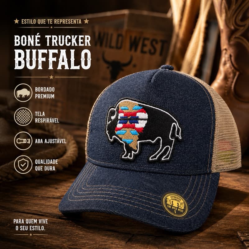 Boné Trucker Buffalo Country Bordado Premium Aba Curva Tela Respirável Ajustável Unissex Alta Qualidade