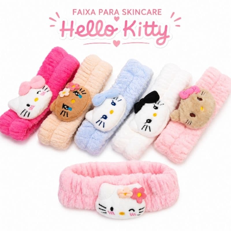 Faixa para Skincare Hello Kitty Pelúcia Macia Tiara Spa Maquiagem Elástica Lavar Rosto Feminina