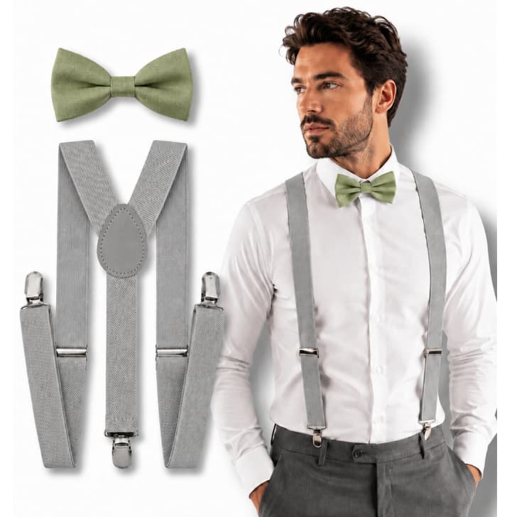 Kit Suspensório Cinza e Gravata Borboleta Verde Oliva Clara Adulto para Padrinhos de Casamento