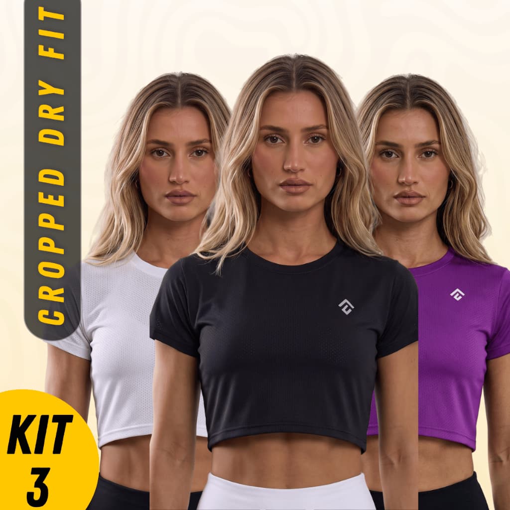 Kit 3 Blusinha Cropped Dry Fit Respirável Academia Feminina