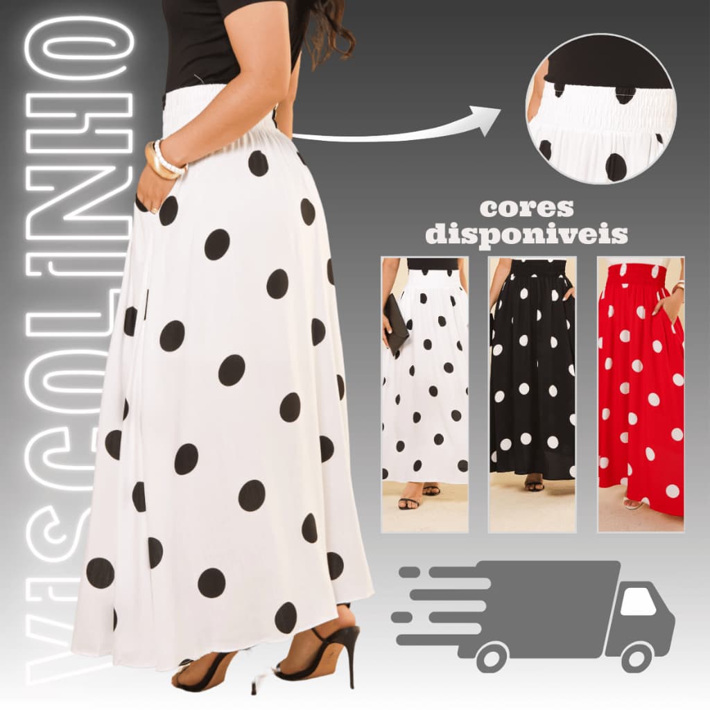 Saia Longa Poá Feminina Moda Evangélica Confortável Viscolinho Leve com Bolsos