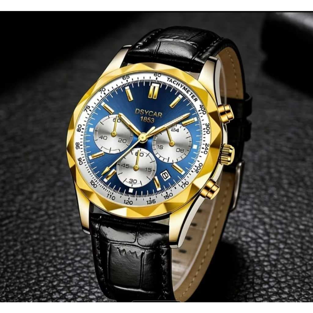 Relógio de Quartzo Masculino Elegante com Pulseira Moderna de Couro Sintético Preto Com Dourado