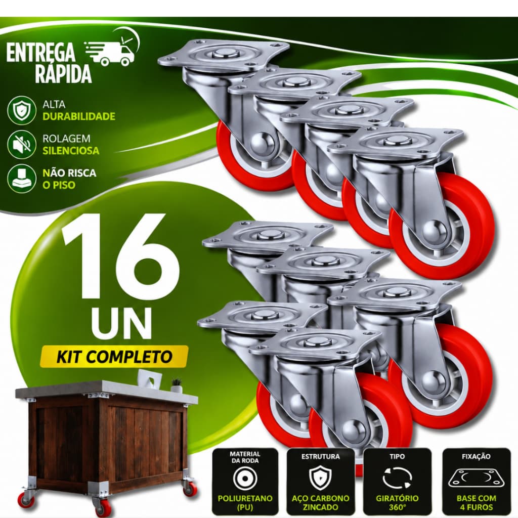 Jogo Rodízio 1.1/2 Com Placa Giratória Rodinha Para Móveis Pesados Bancadas Reforçado Suporte Fácil Instalação