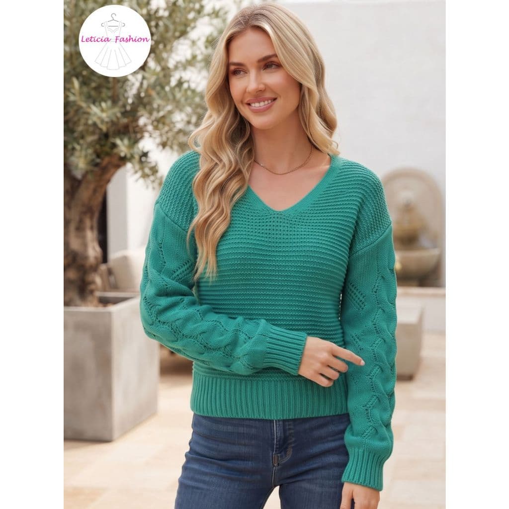 Blusa de Frio Feminina Tricot Elegante Manga Longa Detalhe Trançado Decote em V Canelado Tricô Moda Inverno
