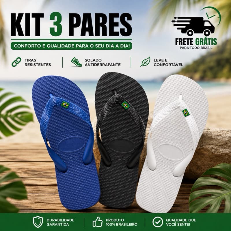 Tres Pares de Chinelo Brǟsil Da Bǟndeirinha Masculino e Feminino Sandalia Dedo Confortavel Envio Imediato